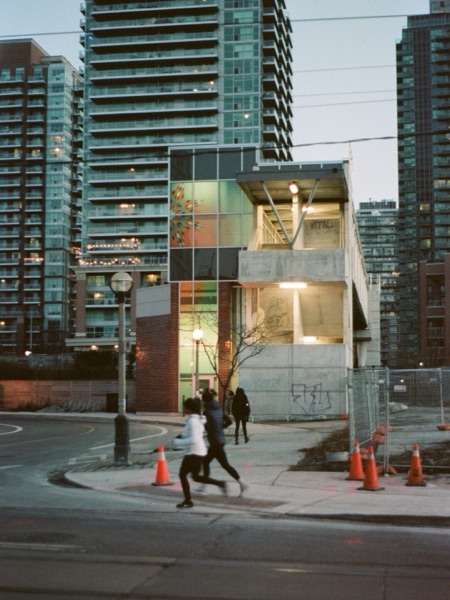 Toronto street at dusk, film