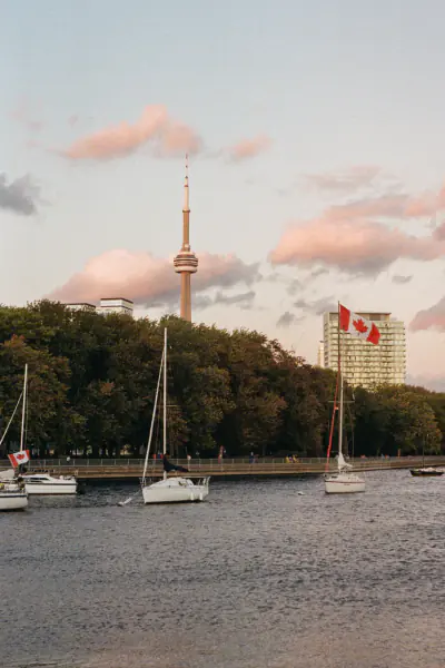 Toronto waterfront with the CN Tower and sailboats, film landscape